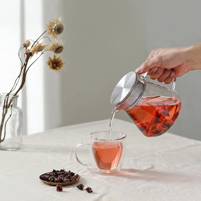 CNGLASS 5.4oz (6-pack) Double Wall Glass Mugs 33.8oz Glass Teapot Stovetop Safe