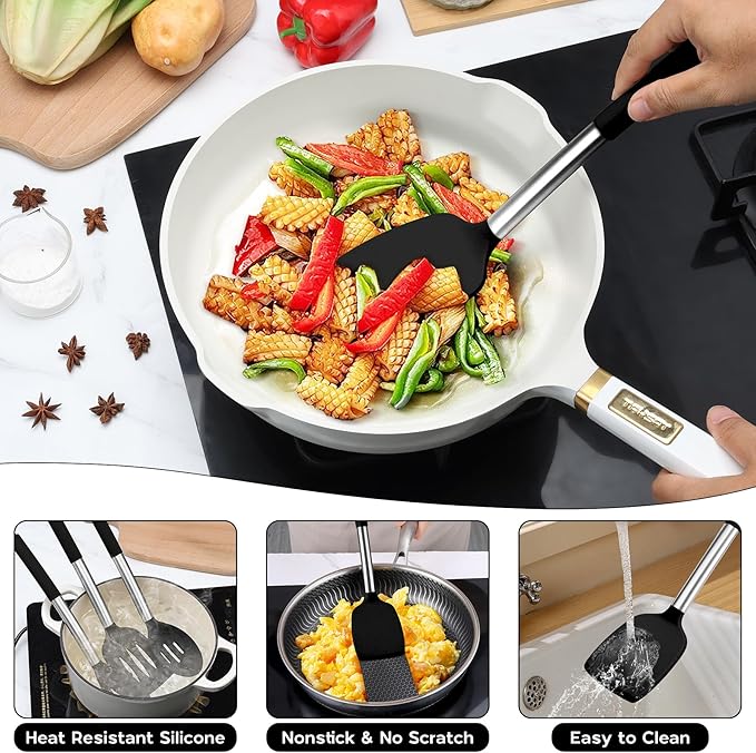 Onader 15 Pcs Silicone Cooking Utensils Set with Holder and Heat Resistant Stainless Steel Handle, with 10 Inch Non-Stick Fluted Tube Pan for Baking Pound Cake, Black