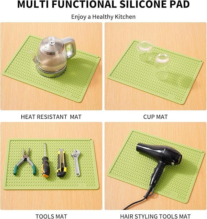Silicone Drying Mat & Heat Resistant Mat for Kitchen Counter, Non-Slip Dishwasher Safe, Raised Edge for Dishes Bottles Sink (25.5x17.7in, Green)