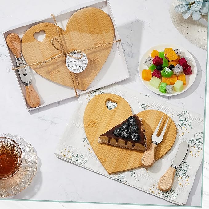 Patelai 1 Set Bridal Baby Shower Favor Heart Cheese Board with Knife, Wood Mini Charcuterie Board Thank You Gift Box for Guest Bridal Baby Shower Prize Wedding Valentines Birthday (Bamboo Color)