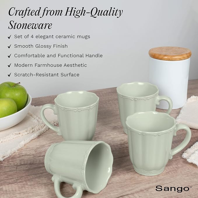 SANGO Bethany Sage Mugs Set of 4, 12 oz Stoneware Green Coffee Mugs, Vibrant Ceramic Drinkware for Coffee, Tea or Cocoa, Durable Everyday Cups, Dishwasher & Microwave Safe, Kitchen Mug Set