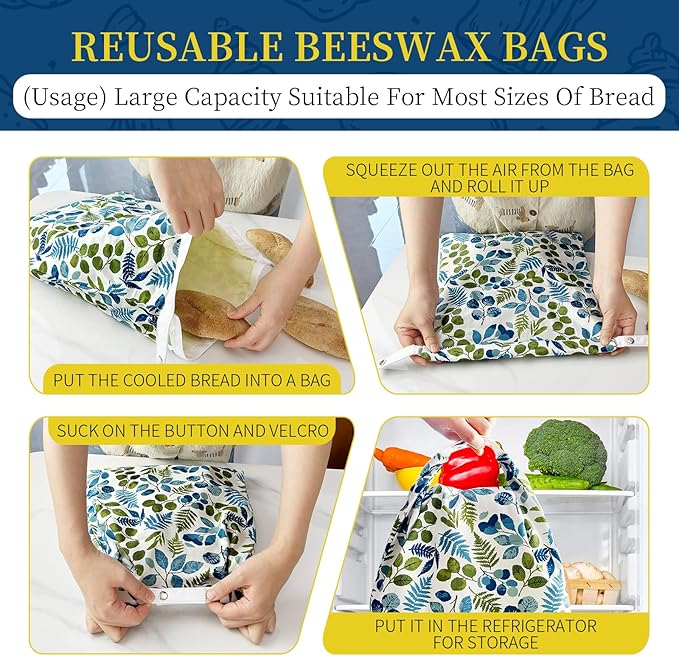 Reusable Beeswax Bread Storage Bag, Floral Pattern with Lemon Design, Eco Storage Solution for Fresh Baked Goods