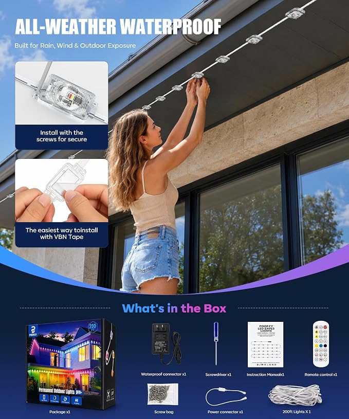POOFZY Permanent Outdoor Lights 50FT, RGBIC Smart Outdoor Lights for House, App & Voice Control, Waterproof Outdoor Eave Lights for Christmas Holiday Patio Yard Decor