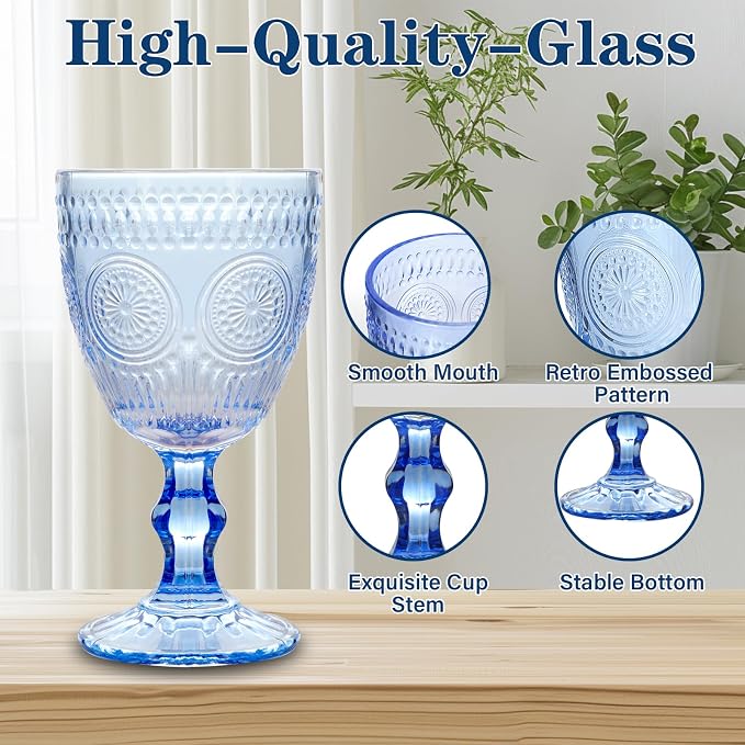 Pack of 12 Vintage Glass Goblets Glassware, 10 oz, Light Blue | Wine Glasses, Not Dishwasher Safe,Wedding Glass Set, Embossed Drinking Glasses Cups for Thanksgiving Wedding Party Bar
