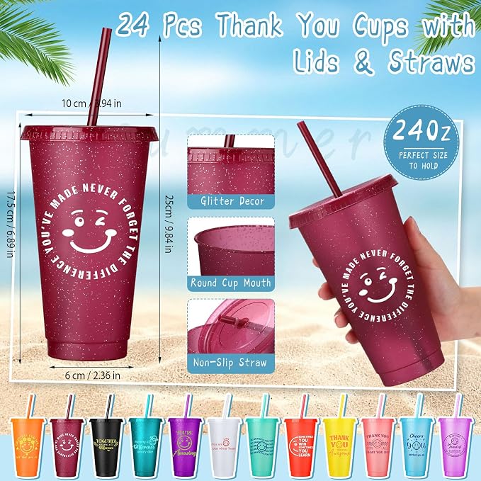 Feifeiya 72 Pcs/ 24 Set Thank You Gift Bulk 24 oz Employee Teacher Appreciation Tumbler with Lids and Straws Motivational Pens Inspirational Notepads Set Plastic Cups Gift for Team Staff Coworker