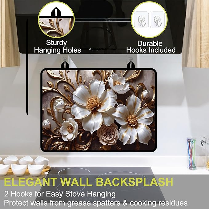 Glass stove top cover 28"x 20", Stove Top Covers for Electric Stove, Flat Range Mat for Glass Cooktop, Kitchen Heat-Resistant Protector Non-Slip Drying Mat (Golden Flowers)