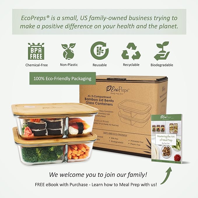 EcoPreps Large Glass Bento Box Containers with Bamboo Lids, 3 Compartment Glass Meal Prep Container Set (2 Pack, XL) - 100% Plastic Free, Eco-Friendly Lunch Containers, Bento Boxes for Adults