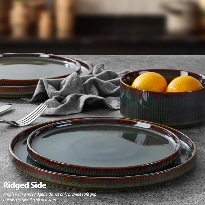 LIANYU Dinnerware Sets with Pasta Bowls, 16 Piece Plates and Bowls Set for 4, Ribbed Stoneware Dishes Set for Kitchen Dining, Microwave and Dishwasher Safe, Jungle Green