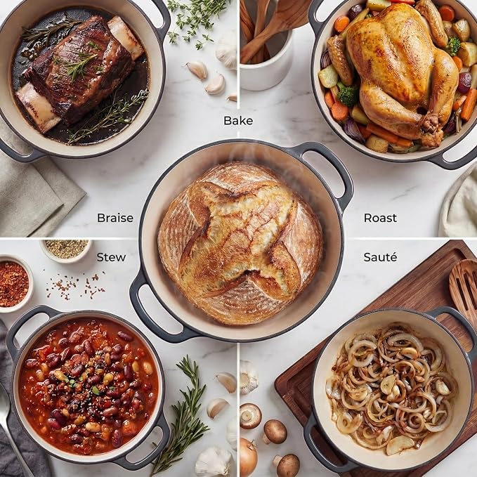 Zulay Kitchen 6.4QT Enameled Cast Iron Dutch Oven Pot with Lid, Heavy-Duty Soup Pot for Stews, Braising, Roasting & Sourdough Bread Baking, Oven Safe up to 500°F – Gray
