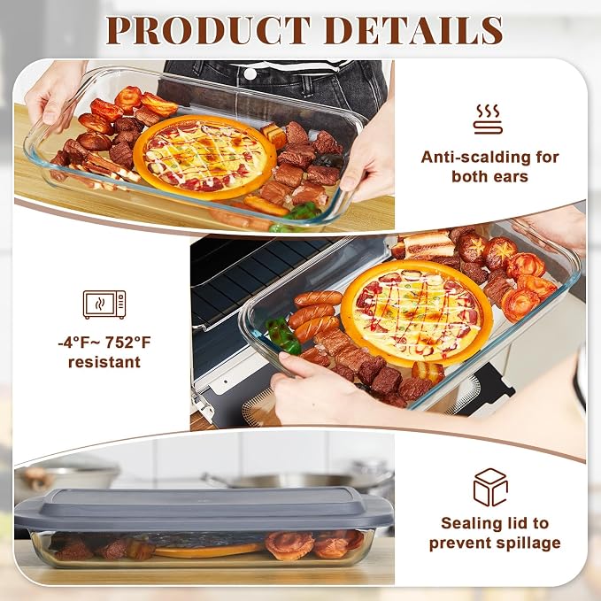 FoldTier Glass Baking Dish with Lid Glass Casserole with Carrier 9 x 13 Inch Insulated Bag for Hot Cold Food Deep Casserole Dish for Oven Potluck Party Picnic Cookouts (Beige)