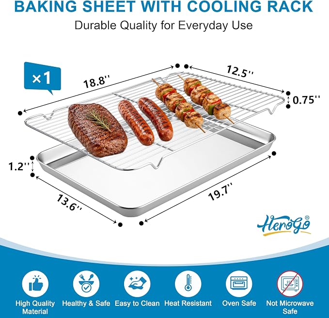 Herogo Large Baking Sheet with Wire Rack Set, 20 x 14 x 1 Inch Stainless Steel Big Cookie Pan Set for Baking & Roasting, Rust & Warp Resistant & Nonstick(1 Pans + 1 Racks)