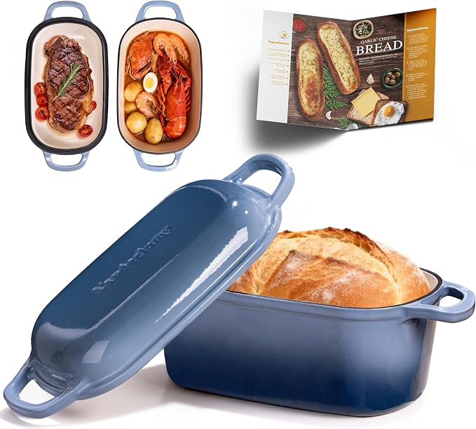 4.6-Quart Oval Dutch Oven for Bread Baking, 2 in 1 Enameled Cast Iron Bread Pan with Lid, Sourdough Baking Pan for a Crispy Crust, Seasalt