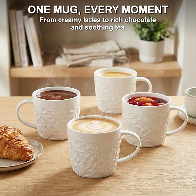 25DOL 16 oz Ceramic Coffee Mugs Set of 4 – Embossed Nature-Inspired Design, Comfortable Grip Handle – Large Latte & Tea Cups, Modern Farmhouse Style – Microwave & Dishwasher Safe