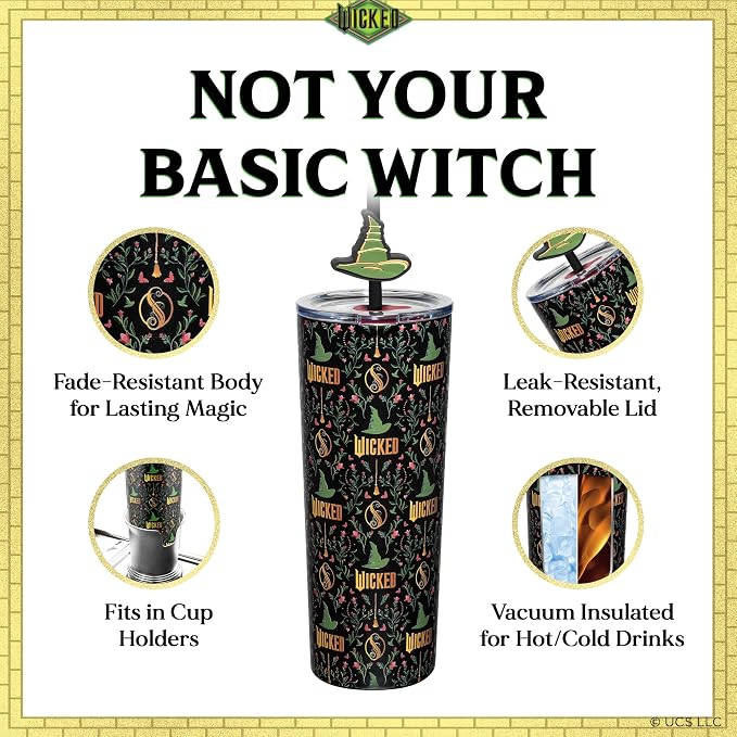 Dragon Glassware Wicked 24 oz Vacuum Insulated Tumbler with Lid and Straw - Tumbler Cup with 2 Straws - Stainless Steel Tumbler with Straw Topper for Water, Iced Tea - Enchanted