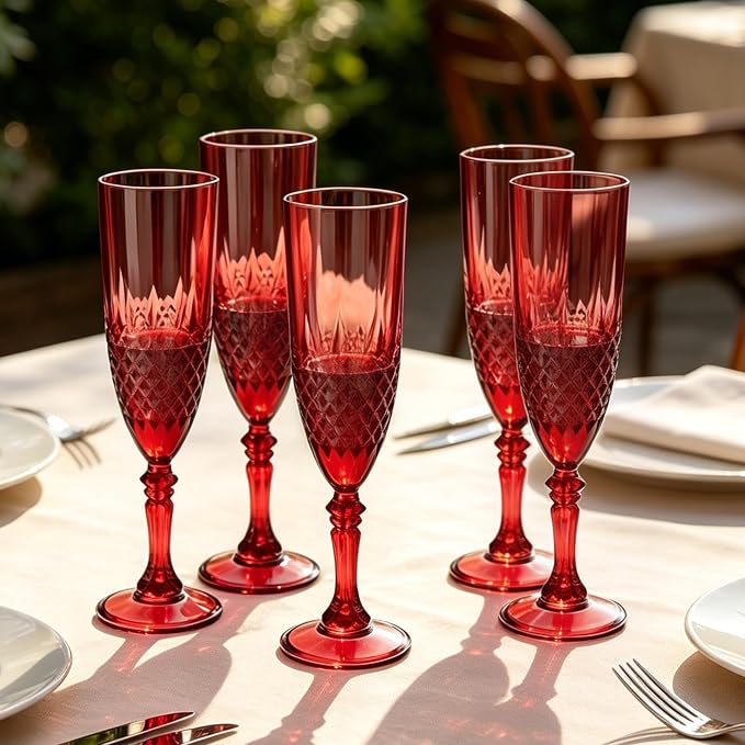 Plastic Champagne Flutes, Champagne Glasses Bulk, Reusable Unbreakable Acrylic Wine Glasses Goblets for Weddings Bachelor Parties Toasting Bridal Shower (48, Dark Red)