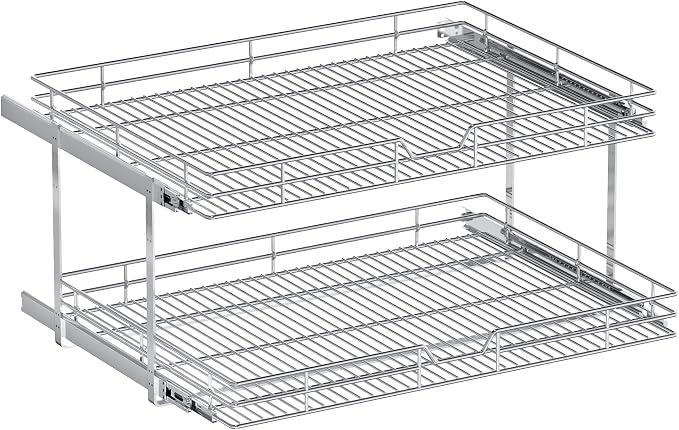 2-Tier Pull Out Cabinet Organizer, 31.5" W x 21.5" D, Heavy Duty Dual Slide Out Shelves for Wide Base Cabinets, Chrome Wire Basket Drawer for Pots, Pans, Pantry & Cleaning Supplies