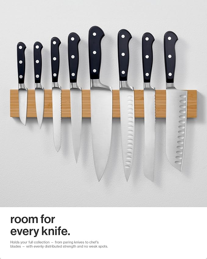 LARHN Magnetic Knife Holder for Wall, 16″ - Powerful Knife Magnetic Strip for Knives, Utensils and Tools - Not Compatible with Refrigerators - 100% Solid Bamboo