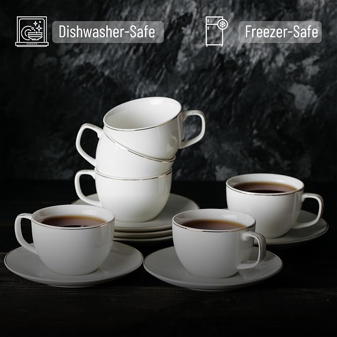 BTaT- Cappuccino Cups with Saucers 6 oz, Set of 6, White Porcelain Coffee Cup and Saucer Set for Latte with Golden Trim Design, Dishwasher Safe, Mocha, Tea, Au Lait, Flat White