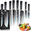 8-Piece Premium Japanese Kitchen Knife Set - Star Collection, Laser Damascus Pattern, 440A Stainless Steel Ultra Sharp for Fast Cutting (Black 8J)