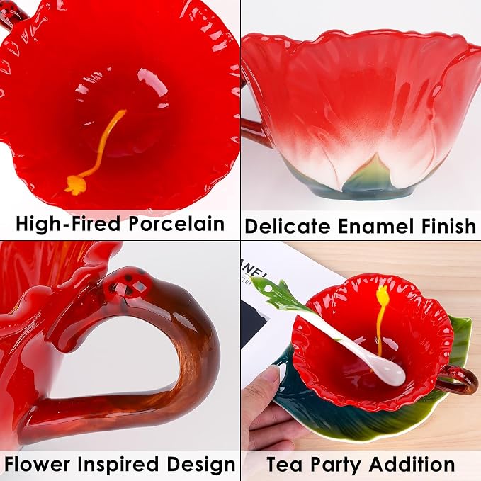 Hibiscus Flower Tea Cup and Saucer Set 6 Oz, Enamel Flower Porcelain Coffee Cup Saucer Set with Spoon for Women, Hand Crafted Tea Set (Hibiscus)