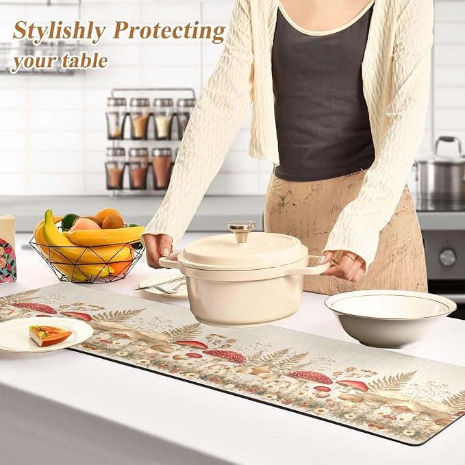 2 in 1 Table Runner Trivet for Hot Pots and Pans Heat Resistant Non Slip Waterproof 39 x 12 Inch Decorative Table Protector for Kitchen Countertop Watercolor Forestm Mushroom Beige