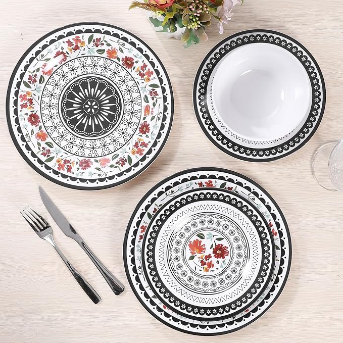 12-Piece Melamine Dinnerware Sets, Unbreakable Dinner Dishes Set for Indoor and Outdoor Use, Dishwasher Safe, Lightweight Dinner Service for 4, Black and White