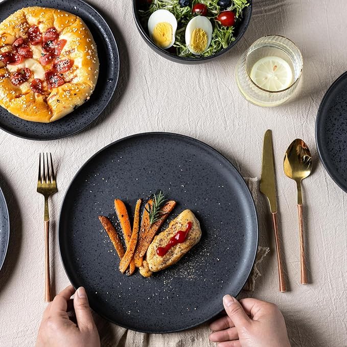 AmorArc Ceramic Dinnerware Sets, Wavy Rim Stoneware Plates and Bowls Sets,Dishwasher & Microwave & Oven Safe Dishes set, Service for 6 (24pc)-Charcoal Matte