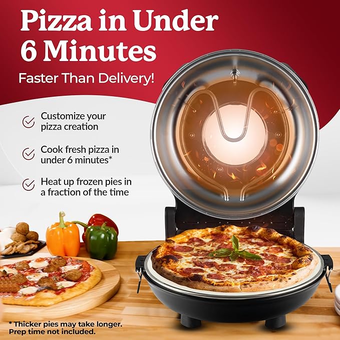 PIEZANO 12" Electric Pizza Oven Indoor Countertop Pizza Maker | Heats to 800˚F, Ceramic Stone for Crispy Crust Pizza, Cooks in Under 6 Minutes, Dual Heat Controls, Peels & Scraper Included