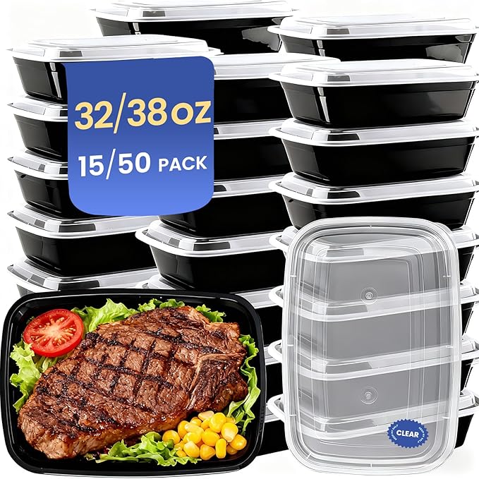 38 oz Meal Prep Containers 15 Pack, BPA Free Disposable Food Leftover Storage Containers with Lids Reusable Stackable, Microwave/Dishwasher/Freezer Safe To Go Food Containers