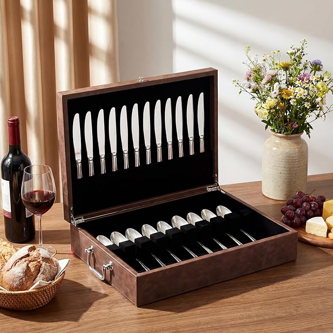 DoubleFill 1 Layer Leather Silverware Storage Box with Lid and Handles, Anti Tarnish Silverware Storage Chest Case with Felt-lined for 12 Sets of Utensils Flatware Gifts, 15.3x11.2x3.6 Inch