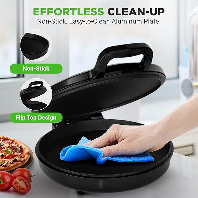 NutriChef Countertop Pizza Maker | 1500W Non-Stick Electric Pizza Cooker | Make 12" Personal Pizzas, Eggs, Toast, Quesadillas & More | Cool-Touch Handles & Space Saving | Temp Range 175-400°F | Black