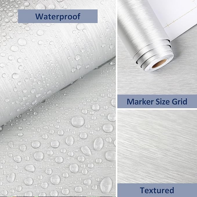 WESTICK Brushed Silver Wallpaper Peel and Stick Stainless Steel Contact Paper for Appliances Textured Silver Contact Paper for Cabinets Removable Thick Metalic Wallpaper Roll 15.8" x 196"