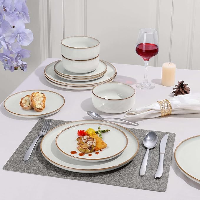Herogo 6 Pieces Stoneware Dinnerware Dishes Sets for 2, Kitchen Handmade Dining Plates and Bowls Sets, Double Reactive Glaze, Microwave & Dishwasher Safe, Scratch Resistant, Ivory White
