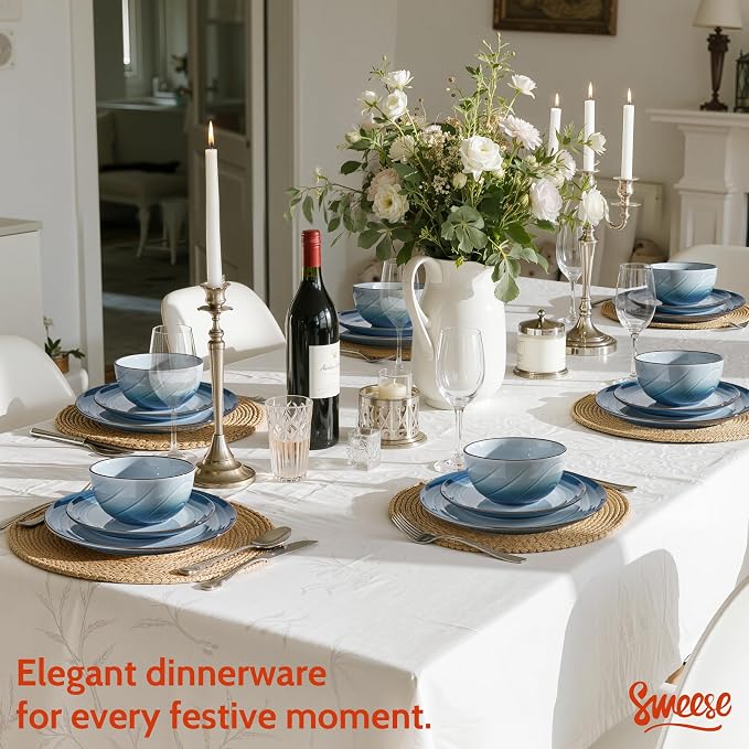 Sweese Porcelain Dinnerware Sets for 6, 18 Pieces Plates and Bowls Sets, Handcrafted Minimalist Dinner Set, Chip and Scratch Resistant Dish Set, Dishwasher & Microwave Safe, Ocean Blue