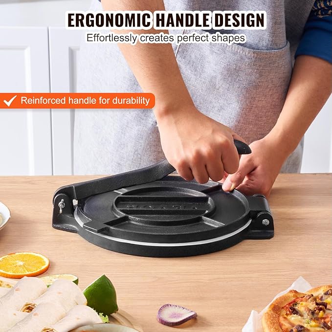 VEVOR Tortilla Press, 8 Inch Tortilla and Roti Maker, Cast Iron Heavy Duty Tortilladora Press, Pre-Seasoned Pataconera Maker with 100 Pcs Parchment Paper, Dough Maker for Flour Tortilla, Tawa, Silver