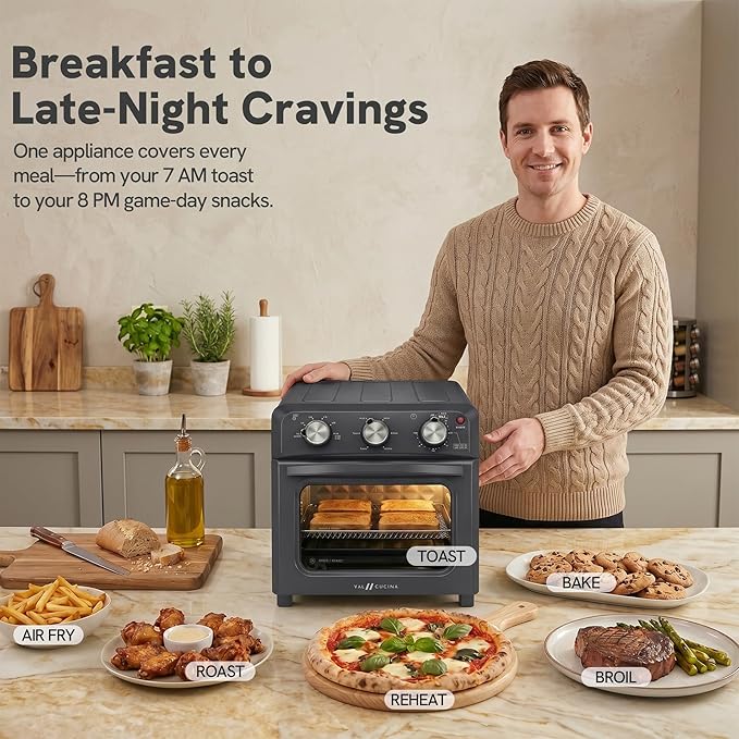 VAL CUCINA 6-in-1 Air Fryer Toaster Oven Combo, Compact 12.7 QT Small Countertop Convection Oven, Fits 9" Pizza & 4 Toast, Hexagon Hybrid Heating, Enamel Baking Pan