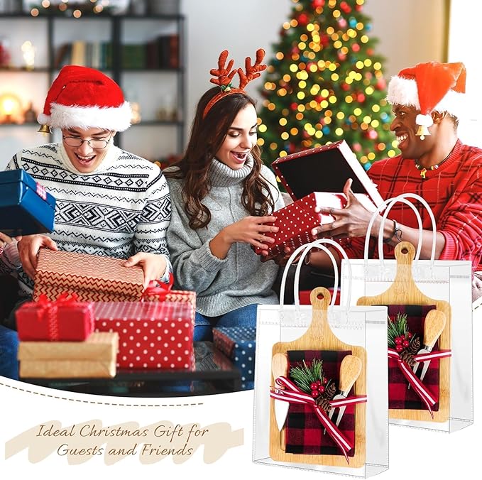 6 Set Christmas Cutting Board Gift Bulk Wooden Cheese Charcuterie Board Gift Set with Knives Forks Red Berry Towels Gift Bags Kitchen Housewarming Gifts for Neighbor Guest Xmas Holiday Party Decor