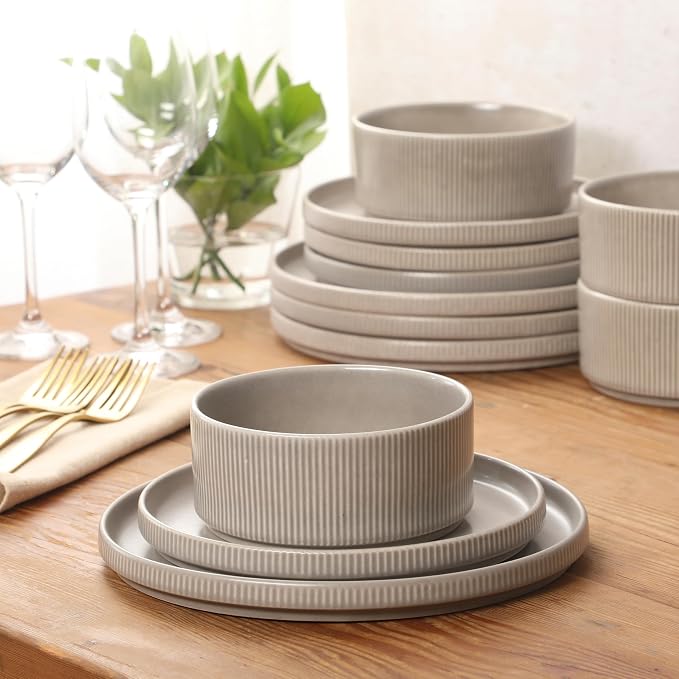 Gibson Elite Avant-Garde 12 Piece Stoneware Dinnerware Set for 4, Chateau Grey Plates and Bowls Set with Reactive Glaze, Includes Dinner Plates, Salad Plates and Bowls