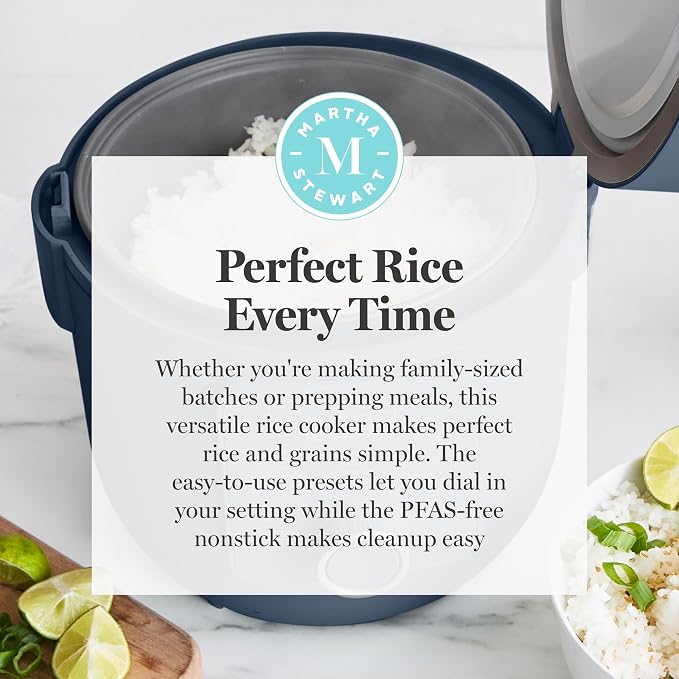 Martha Stewart Rice Cooker, 4 Cup (Uncooked) / 8 Cup (Cooked), Ceramic Non-Stick Removable Pot, Keep Warm, Measure Markings, Steam Basket, Brown & Sushi Rice, Quick Cook, Quinoa, Grains, Oats, Indigo Blue