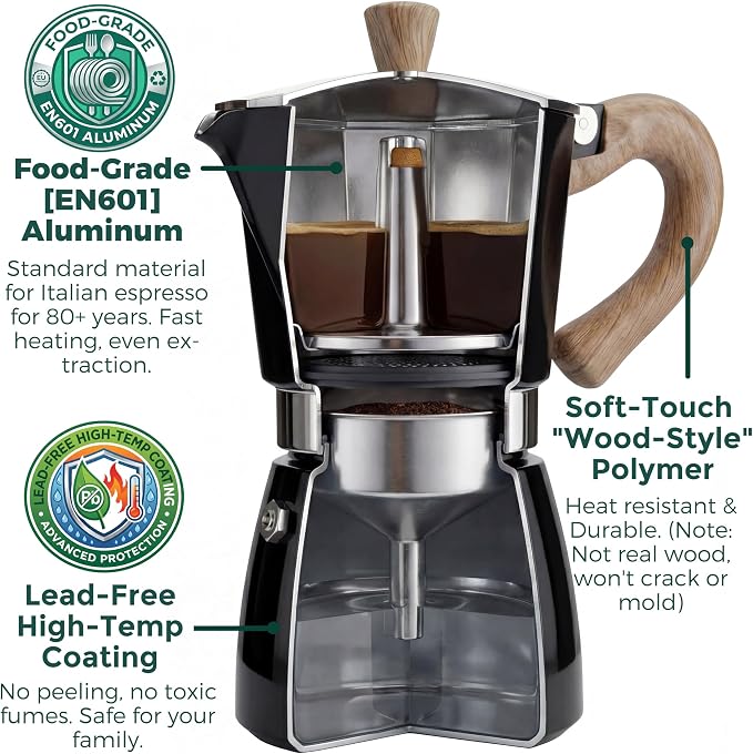 AGOGO Milano Moka Pot Stovetop Espresso Maker with 100 Paper Filters for Sediment-Free Coffee, Classic Italian Greca with Wood-Grain Handle,Cleaning Brush & Towel 6 Cup (10oz / 300ml) Black