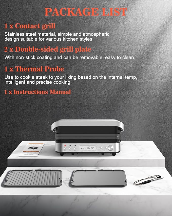 CATTLEMAN Panini Press Grill Sandwich Maker with Removable Plates, 1600W, 5 in 1 Smokeless Indoor Grill & Griddle with Meat Thermometer, Electric Contact Grills for Kitchen, Stainless Steel