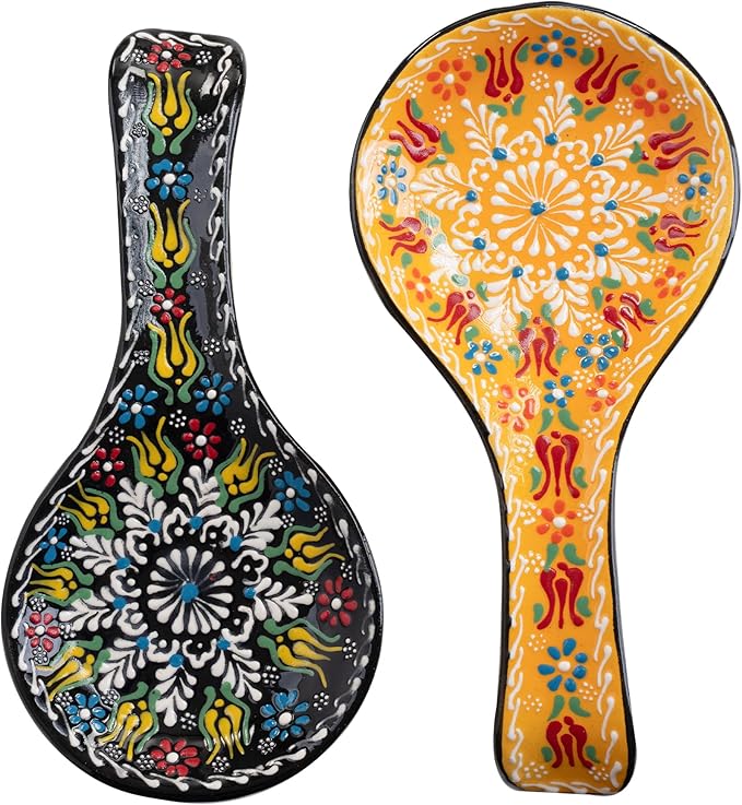 BCS Spoon Rest Set of 2 - Ceramic Spoon Holder for Stovetop & Kitchen Counter - Dishwasher Safe Handmade Kitchen Utensil (Black-Yellow 4.5” W x 9" L)