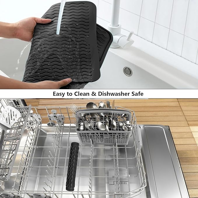 ZLR Silicone Dish Drying Mat for Kitchen Counter, Eco-Friendly Fast Dry Dish Mat, Easy Clean Multi Usage Drying Matt, Heat Resistant Trivet, 12" x 16" Large, Black