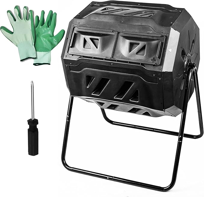 MaxWorks Dual‑Chamber Compost Tumbler, 42‑Gallon Capacity Rotating Outdoor Composter with Aeration Vents, UV‑Resistant Polypropylene Drum and Steel Frame, Includes Gloves (50891)
