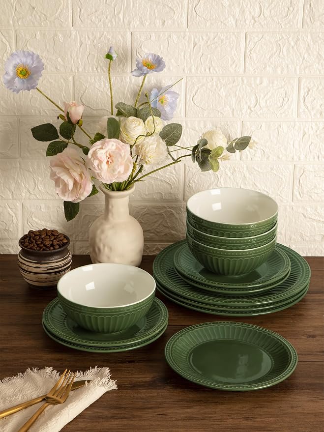 Famiware Garden 24-Piece Embossed Plates and Bowls Sets, Stoneware Reactive Glaze Dishes Dinnerware Set, Modern Rustic, Chip & Scratch Resistant, Microwave & Dishwasher Safe, Service for 8, Dark Green