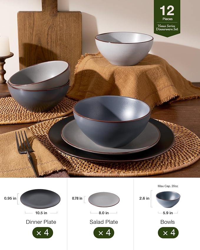 Famiware Venus Plates and Bowls Sets with Trim, 12 Pieces Speckled Stoneware Dinnerware Set for 4, Matte Multicolor - Microwave & Dishwasher Safe Dish Set, Modern Minimalist, Everyday & Formal Dining
