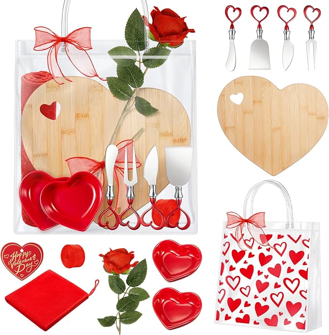 Acellegic 13 Pcs Heart Shaped Charcuterie Board Gift Set, 11 Inch Heart Cheese Board with Ceramic Bowls, Cheese Knives, Towel, Wedding Bridal Shower Engagement Gift for Bride, Newlyweds, Couples