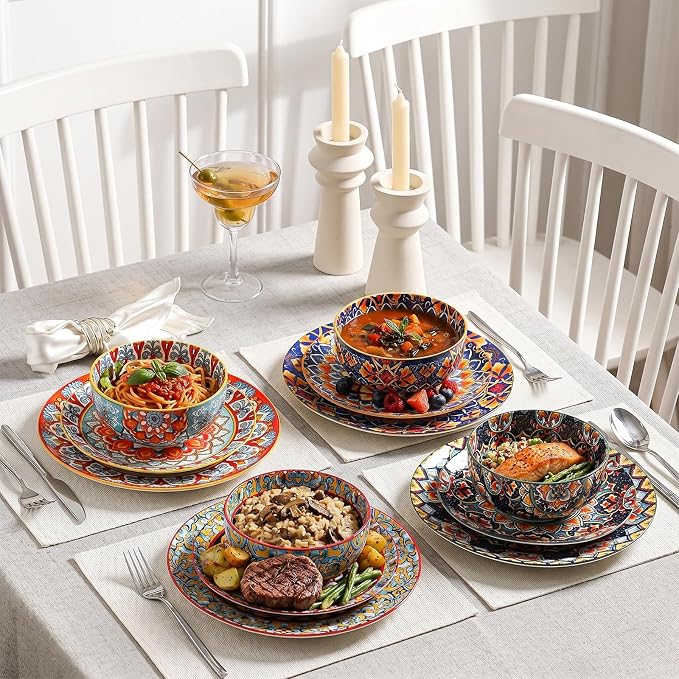 12-Piece Bohemian Porcelain Dinnerware & Dish Sets for 4 – Microwave & Dishwasher Safe, Scratch & Chip Resistant, Colorful Ceramic Plates & Bowls for Kitchen, Wall Decor & Housewarming Gift