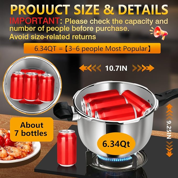 6QT Stainless Steel Pressure Cooker, Heavy Duty Food Grade 304 Pressure Canner with Safety Valve & Heat-Resistant Handle, Compatible with All Stovetops for Home Cooking & Canning