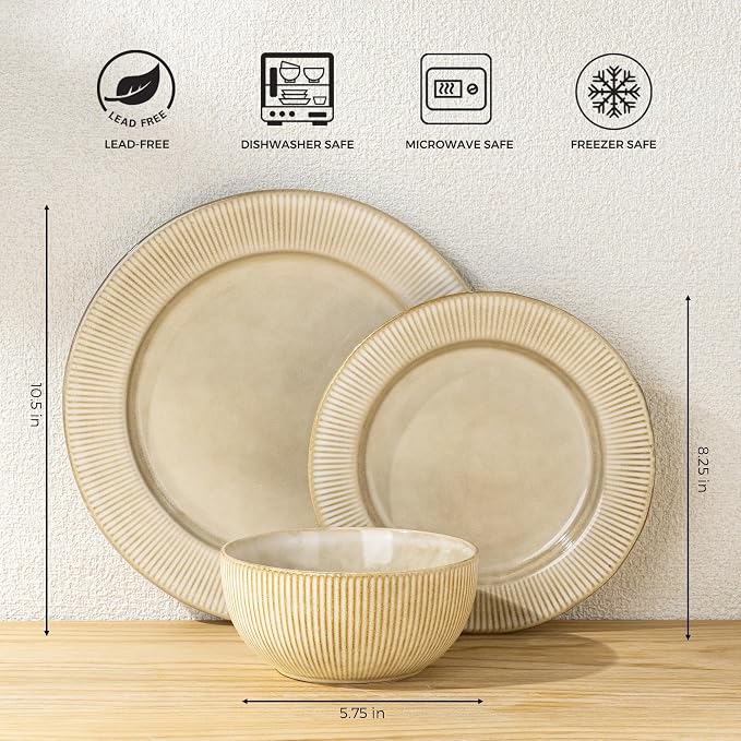 GBHOME Ceramic Dinnerware Sets,12 pcs Embossed Elegant Stoneware Plates and Bowls Sets, Housewarming Wedding Gift | Dishwasher & Microwave Safe | Dishes Set Service for 4